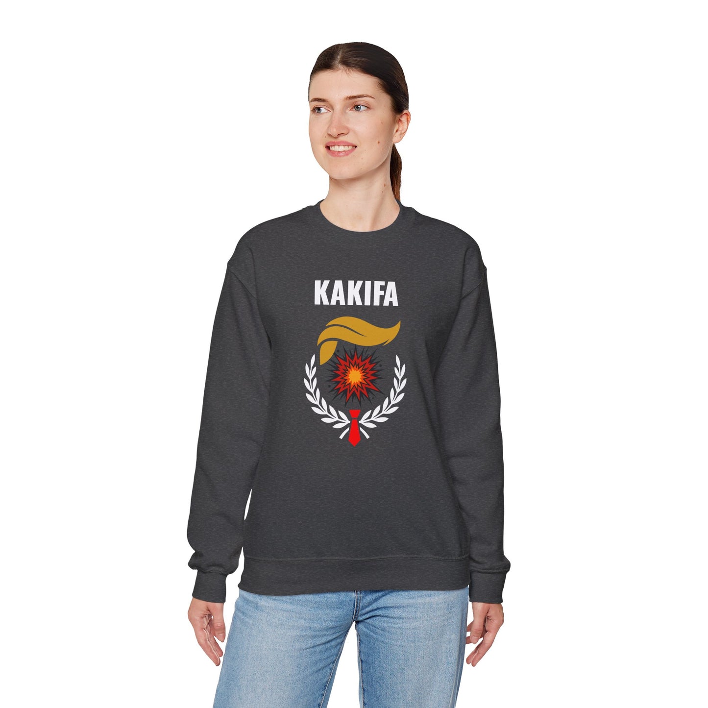 KAKIFA #1  — White Text-White Wreath — Unisex, Heavy Relaxed Fit Sweatshirt