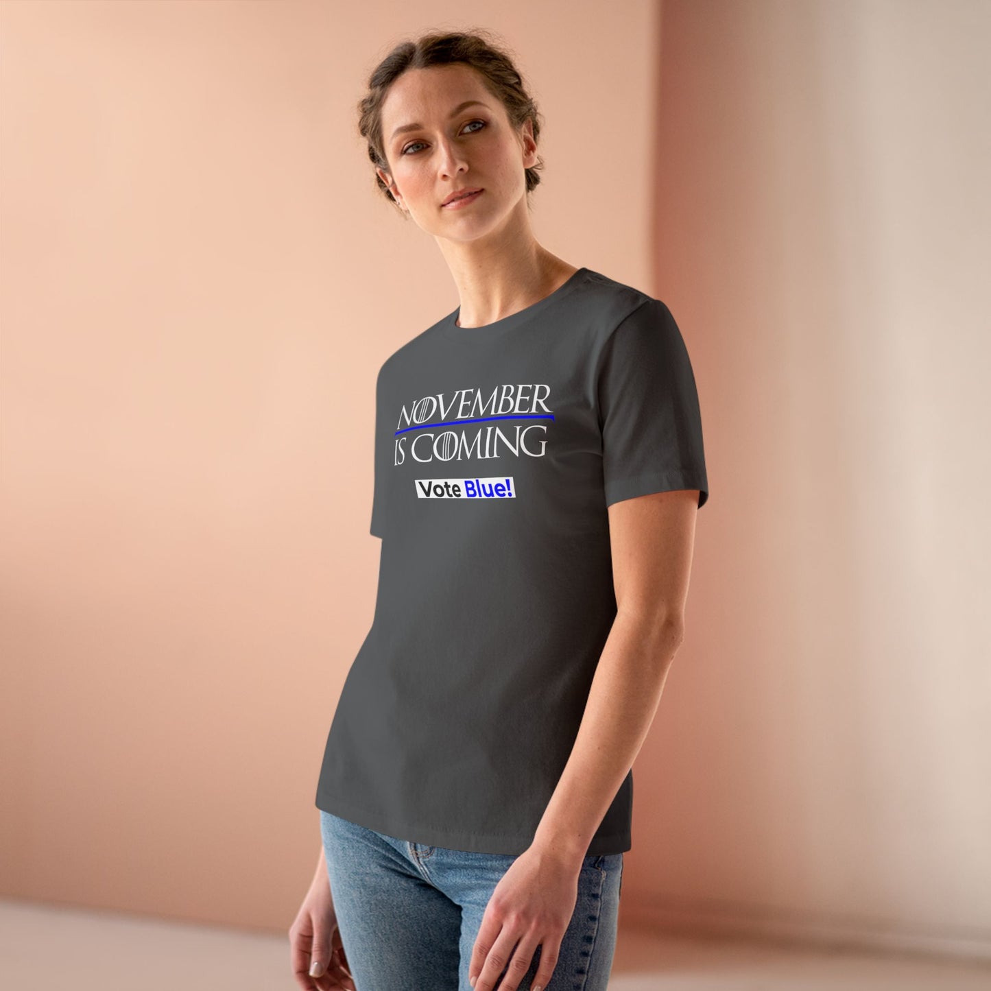 November Is Coming - VOTE BLUE! — Women's Relaxed Tailored Fit — White Text