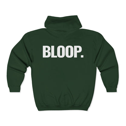 BLOOP. — Full-Zip Hoodie — White Text — Unisex, Heavy Classic Fit