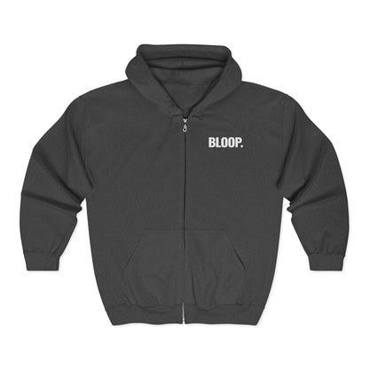 BLOOP. — Full-Zip Hoodie — White Text — Unisex, Heavy Classic Fit