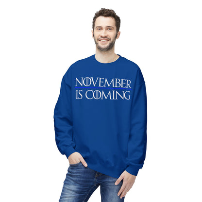 "November Is Coming" — Soft Unisex Sweatshirt — White Text — Modern Classic Fit