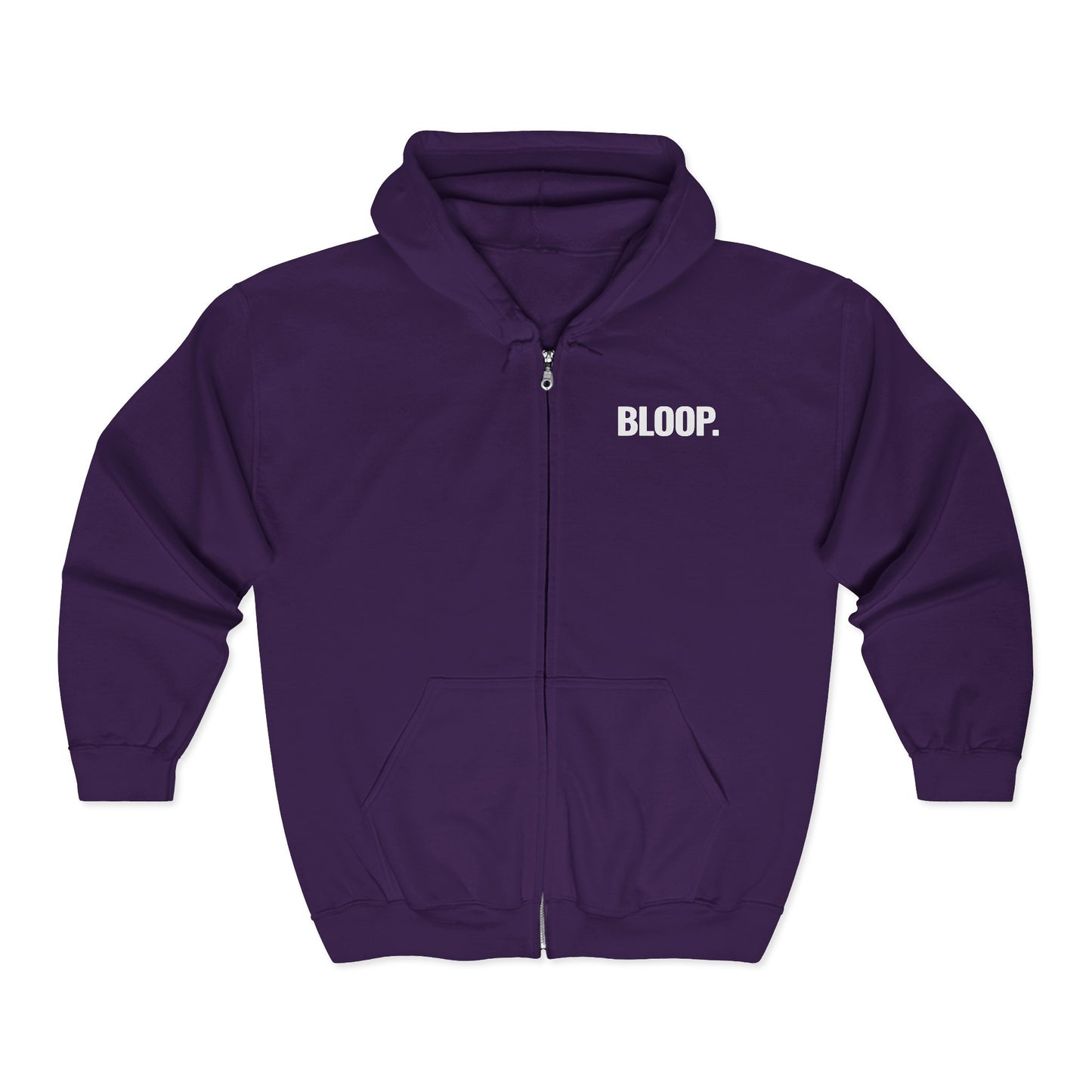 BLOOP. — Full-Zip Hoodie — White Text — Unisex, Heavy Classic Fit
