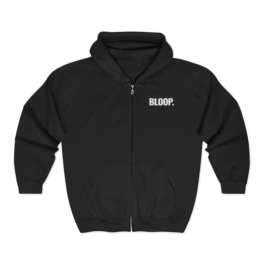 BLOOP. — Full-Zip Hoodie — White Text — Unisex, Heavy Classic Fit