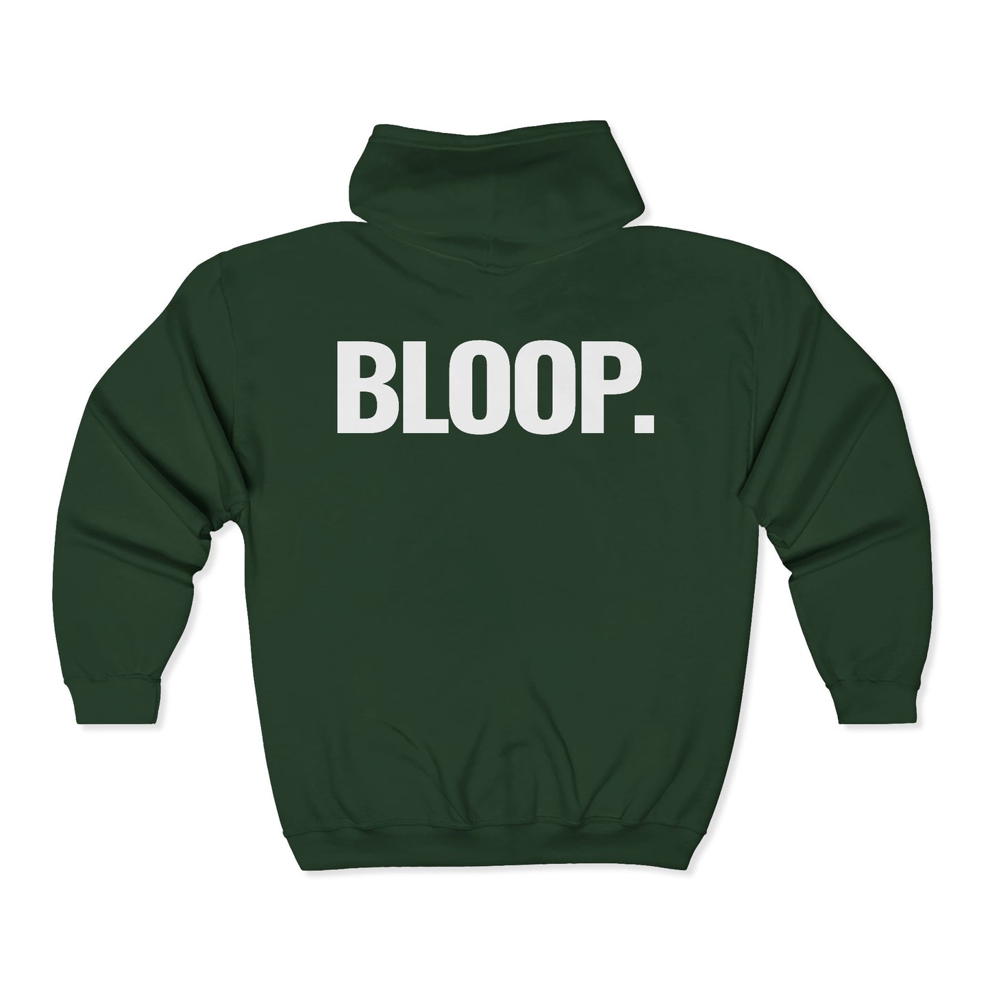 BLOOP. — Full-Zip Hoodie — White Text — Unisex, Heavy Classic Fit
