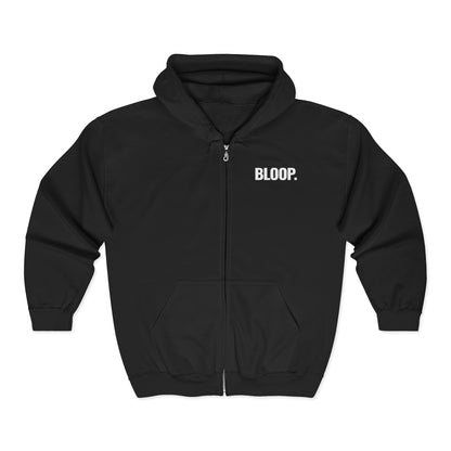 BLOOP. — Full-Zip Hoodie — White Text — Unisex, Heavy Classic Fit