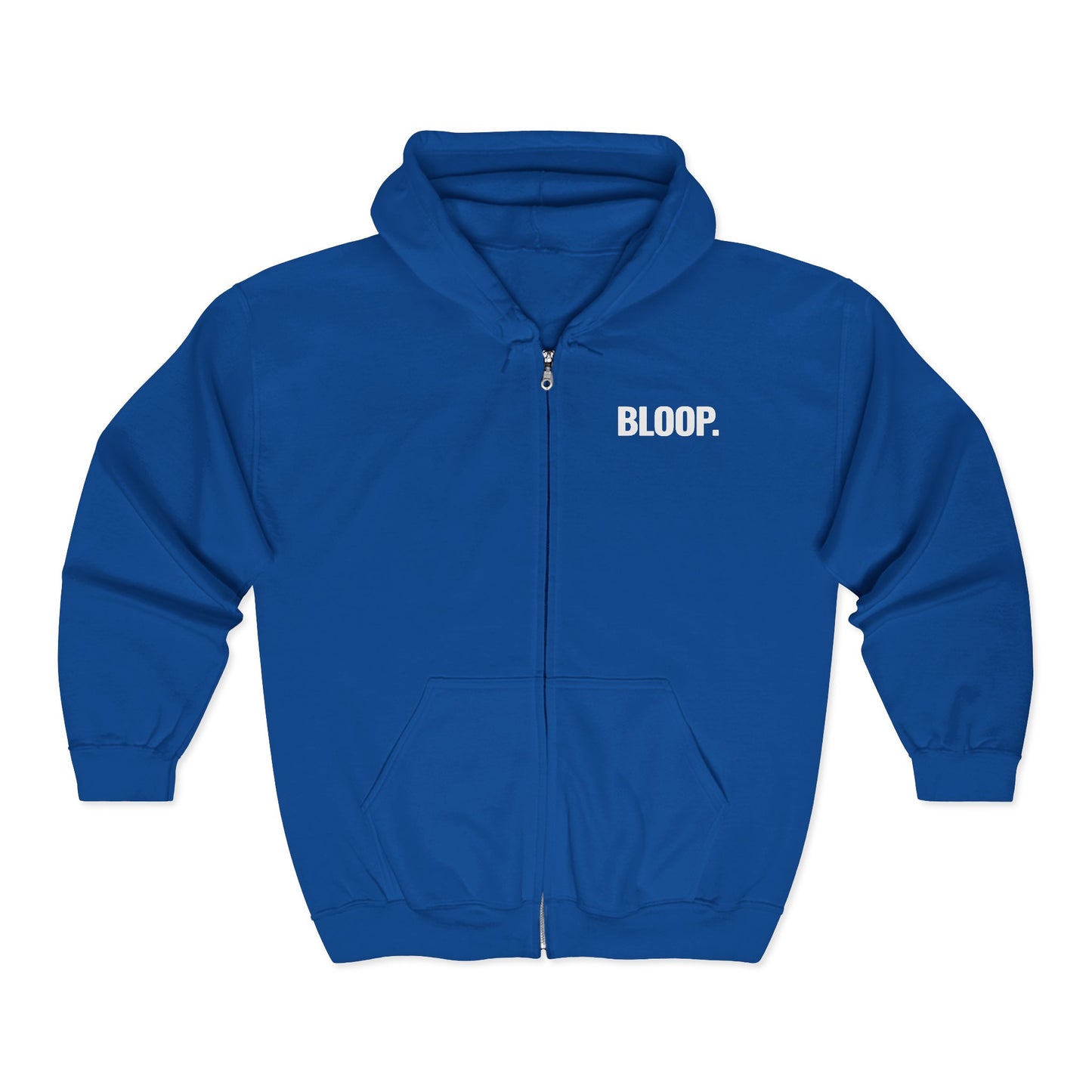 BLOOP. — Full-Zip Hoodie — White Text — Unisex, Heavy Classic Fit