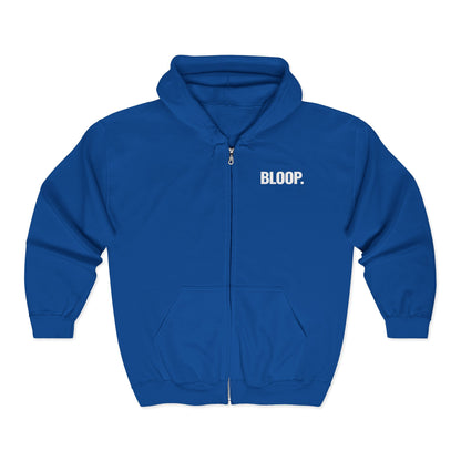 BLOOP. — Full-Zip Hoodie — White Text — Unisex, Heavy Classic Fit