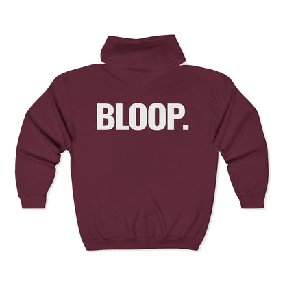 BLOOP. — Full-Zip Hoodie — White Text — Unisex, Heavy Classic Fit