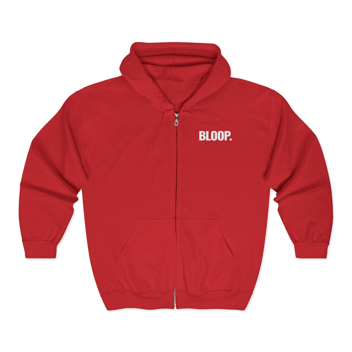BLOOP. — Full-Zip Hoodie — White Text — Unisex, Heavy Classic Fit