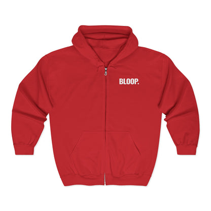 BLOOP. — Full-Zip Hoodie — White Text — Unisex, Heavy Classic Fit