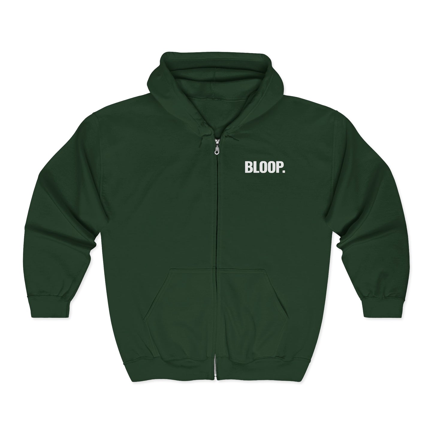 BLOOP. — Full-Zip Hoodie — White Text — Unisex, Heavy Classic Fit