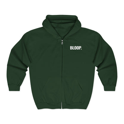 BLOOP. — Full-Zip Hoodie — White Text — Unisex, Heavy Classic Fit