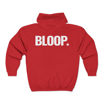 BLOOP. — Full-Zip Hoodie — White Text — Unisex, Heavy Classic Fit