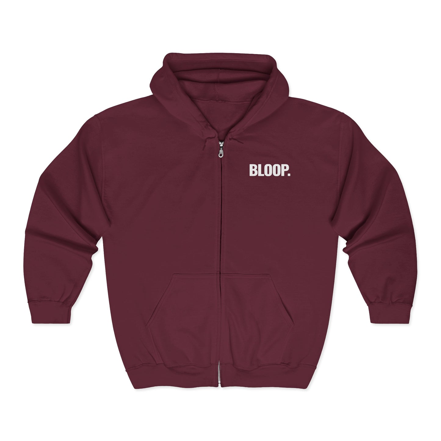 BLOOP. — Full-Zip Hoodie — White Text — Unisex, Heavy Classic Fit