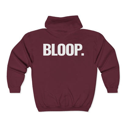 BLOOP. — Full-Zip Hoodie — White Text — Unisex, Heavy Classic Fit