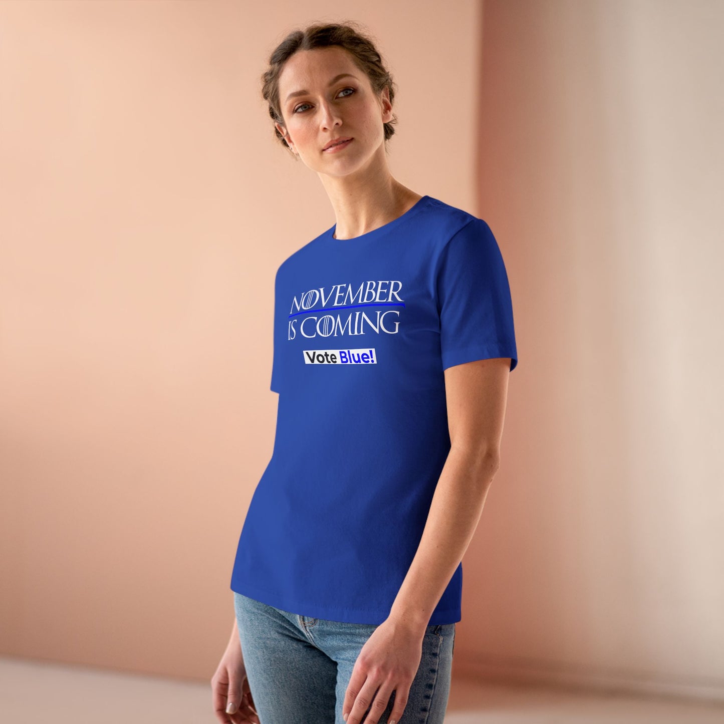 November Is Coming - VOTE BLUE! — Women's Relaxed Tailored Fit — White Text