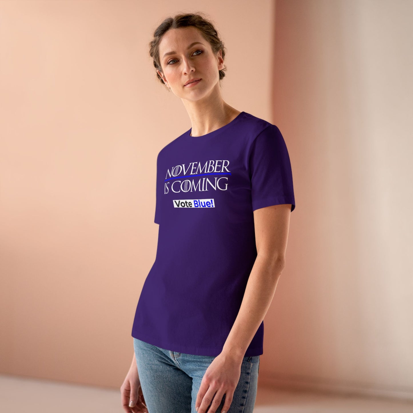 November Is Coming - VOTE BLUE! — Women's Relaxed Tailored Fit — White Text